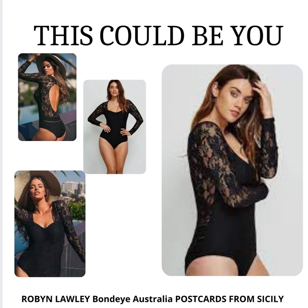 BLACK LACE LONG SLEEVE OPEN BACK ONE PIECE SWIMSUIT Sz US 10 - Picture 5 of 14